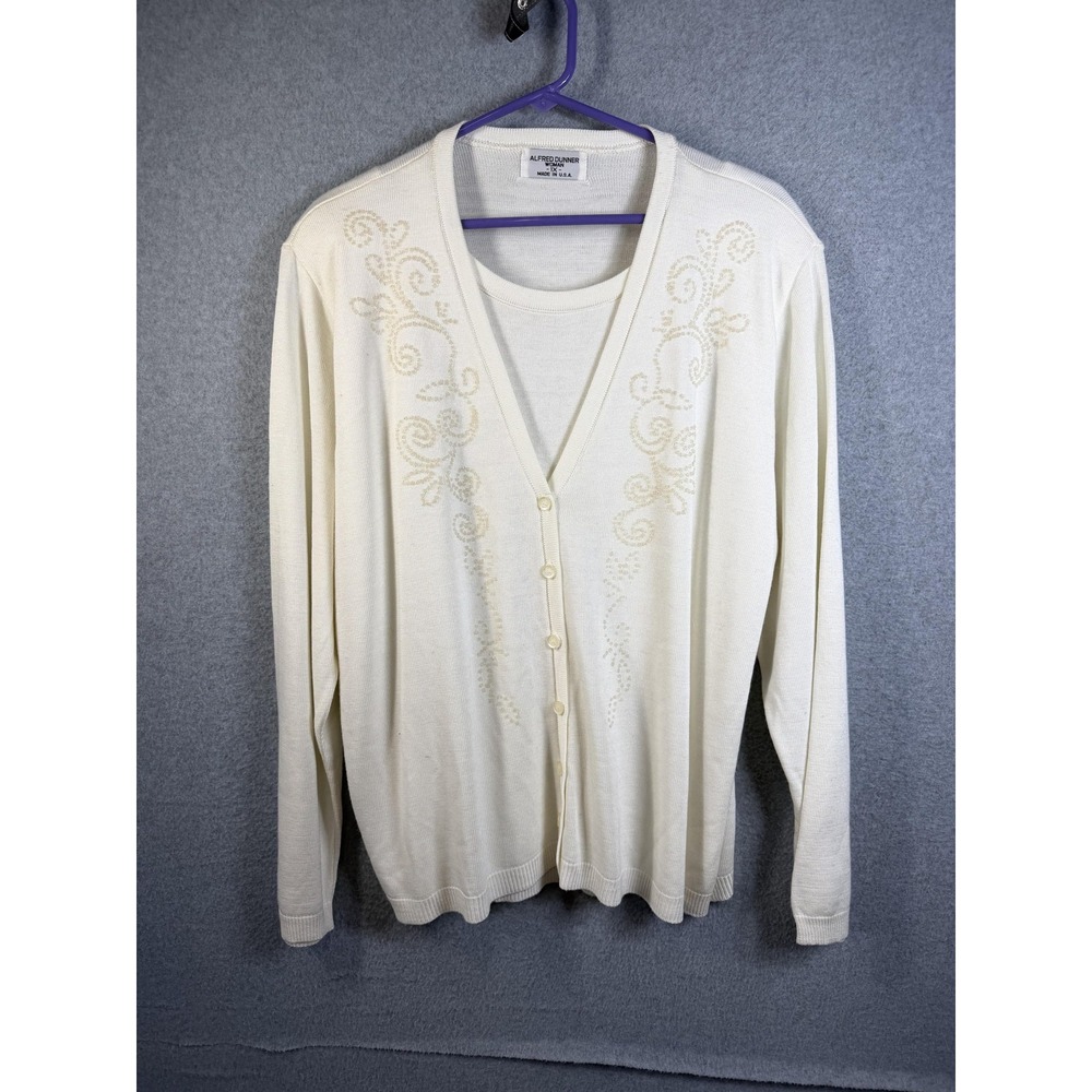 Alfred Dunner Cardigan Sweater Womens 1X White Floral V Neck Knit Twinset